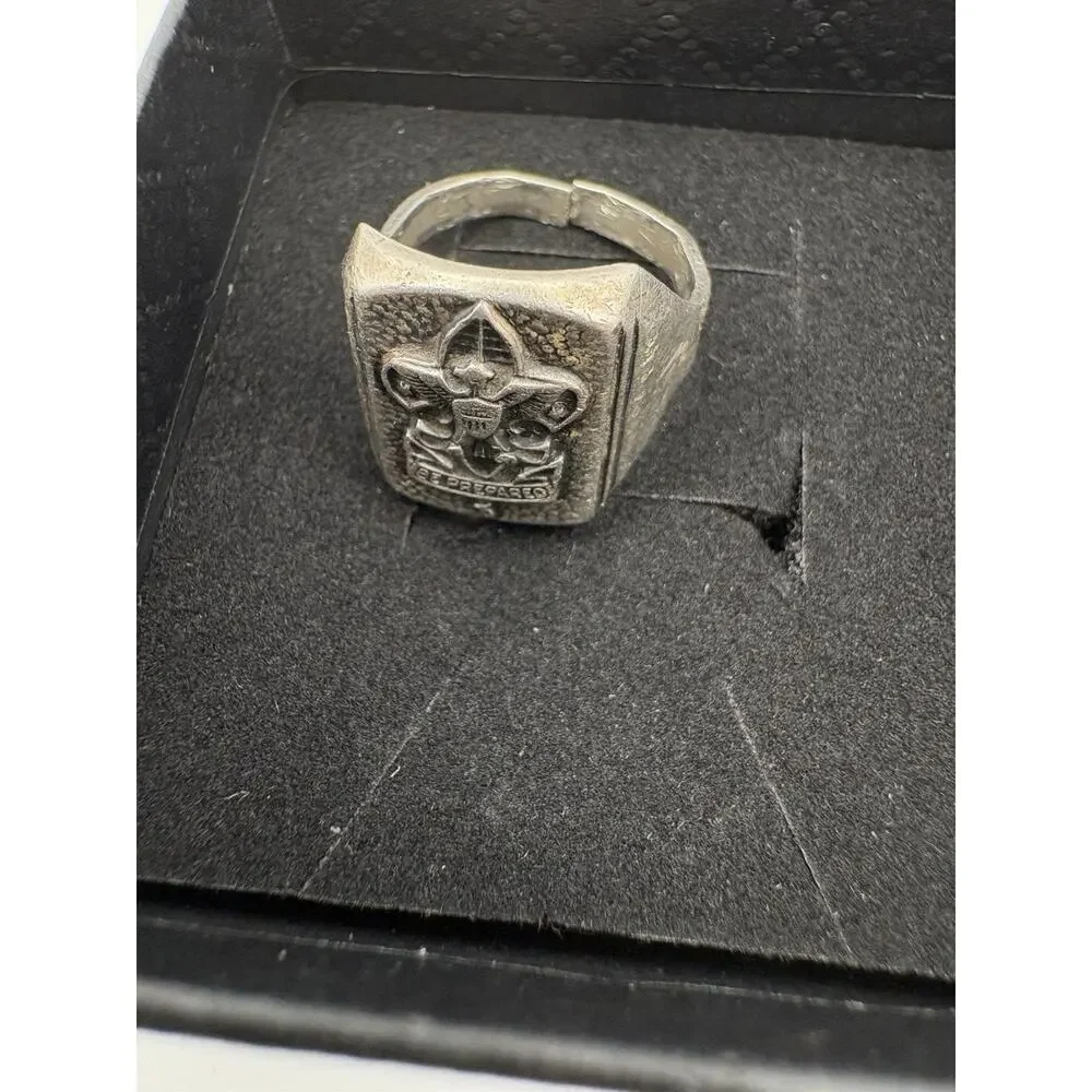 Vintage Boy Scouts Sterling Silver Be Prepared Signet Ring Adjustable 6.3 Grams